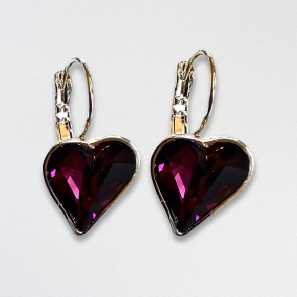 Handcrafted Amethyst Swarovski Earrings Crystal Heart-Shaped Purple/Silver W NWT - Picture 1 of 5